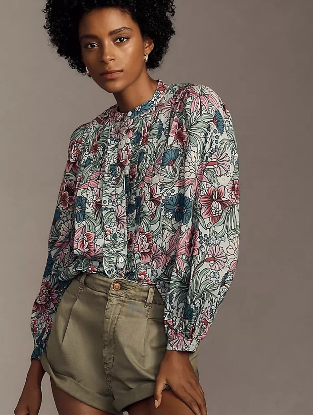 NWT BANJANAN Jennifer Cotton Floral Puff Sleeve Pintuck Ruffle Blouse Medium